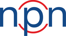 Logo Spółdzielni NPN. Granatowe małe litery n p n. Środkowa litera w czerwonym okręgu.