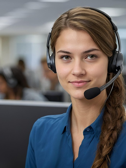 Młoda kobieta w granatowej koszuli. Na uszach ma zestaw słuchawkowy z mikrofonem. W tle widać rozmyte biuro.