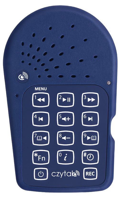 Granatowy Czytak - urządzenie do słuchania audiobooków.